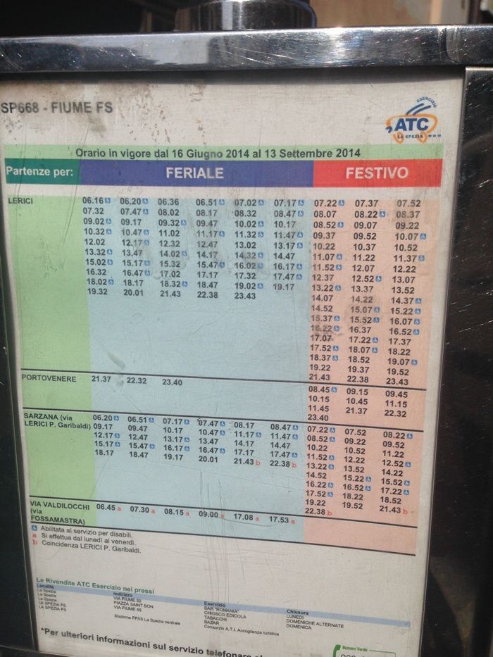 Tabla de horarios de os autobuses La Spezia a Lerici