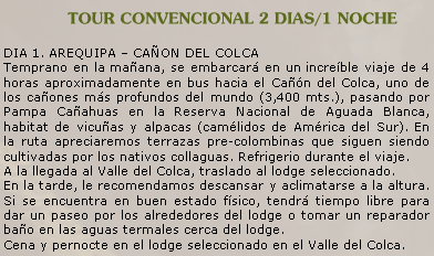 Resumen del Tour de 2 días al Valle del Colca