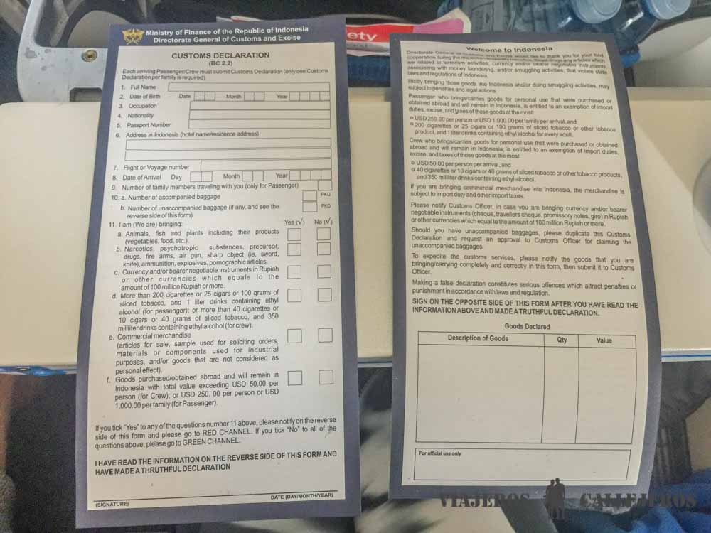 Formularios inmigración. Vuelo KLM a Bali