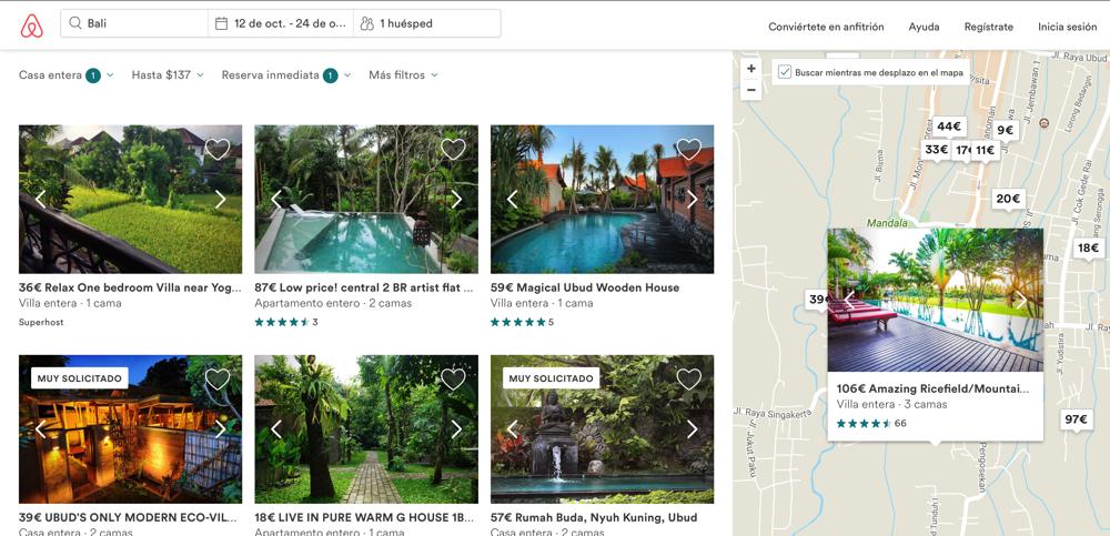 Resultados de la búsqueda de una villa Airbnb en Bali