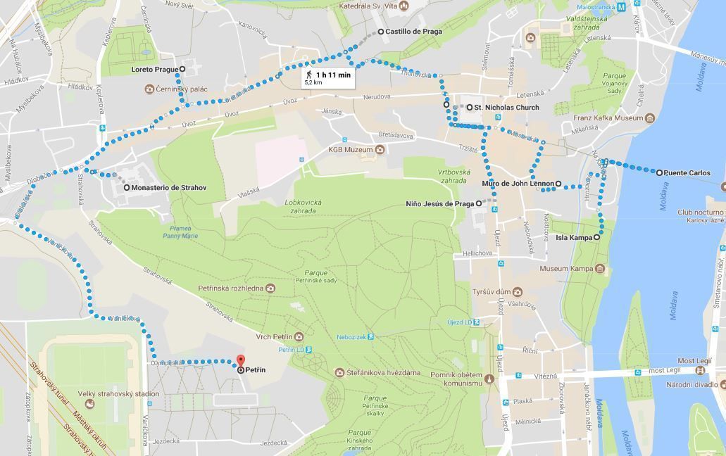 Mapa de la ruta por Praga en dos días