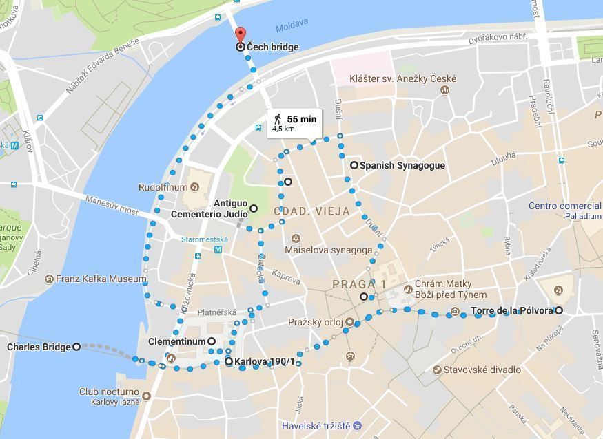 Mapa de la ruta del primer día en Praga
