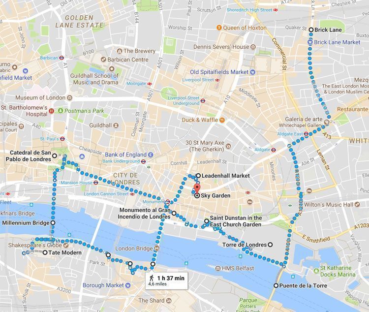 Mapa de la ruta por Londres en 4 días