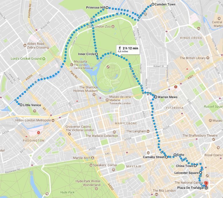 Mapa de la ruta por Londres en dos días