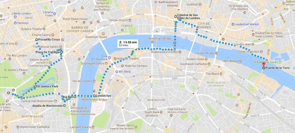 Mapa del itinerario por Londres en un día