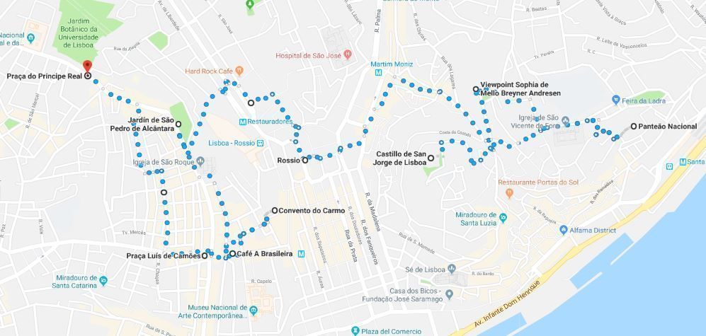 Mapa de la ruta del Lisboa en 2 días