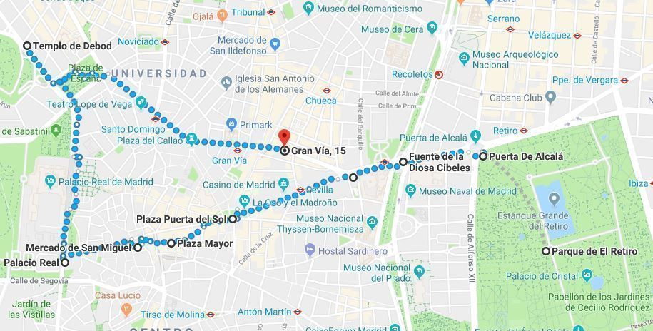 Mapa de la ruta del primer día del Madrid en 3 días