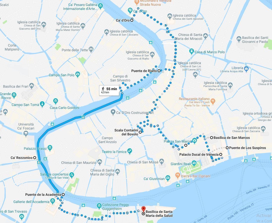 Mapa de la ruta por Venecia en un día