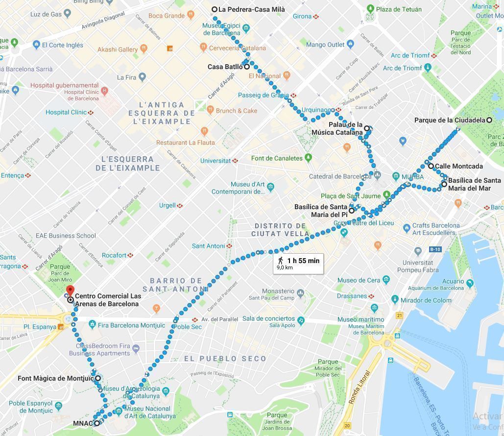 Mapa de la ruta del segundo día en Barcelona