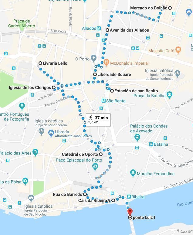 Mapa del primer día del Oporto en dos días