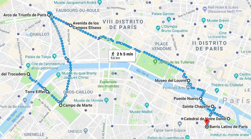 Mapa de la ruta por París en un día