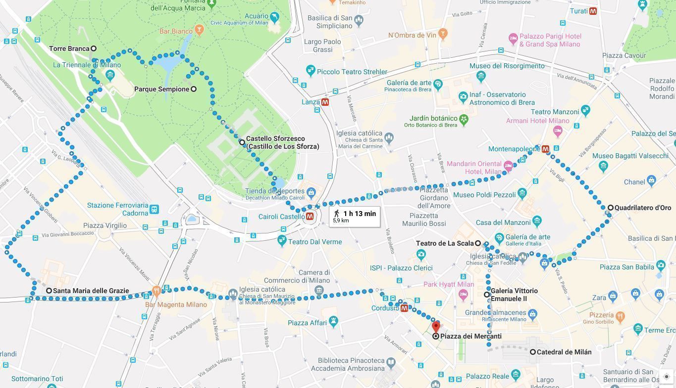 Mapa de la ruta de Milán en un día