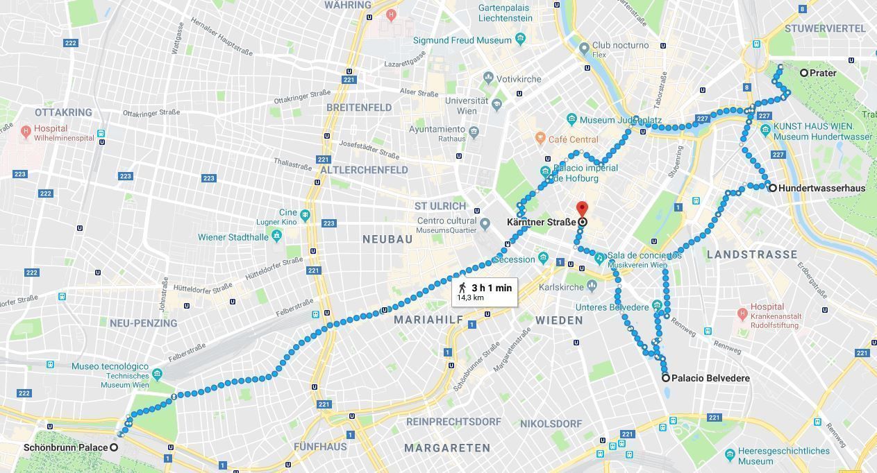 Mapa del itinerario del segundo día en Viena