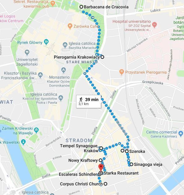 Mapa del segundo día de la ruta de Cracovia en un fin de semana