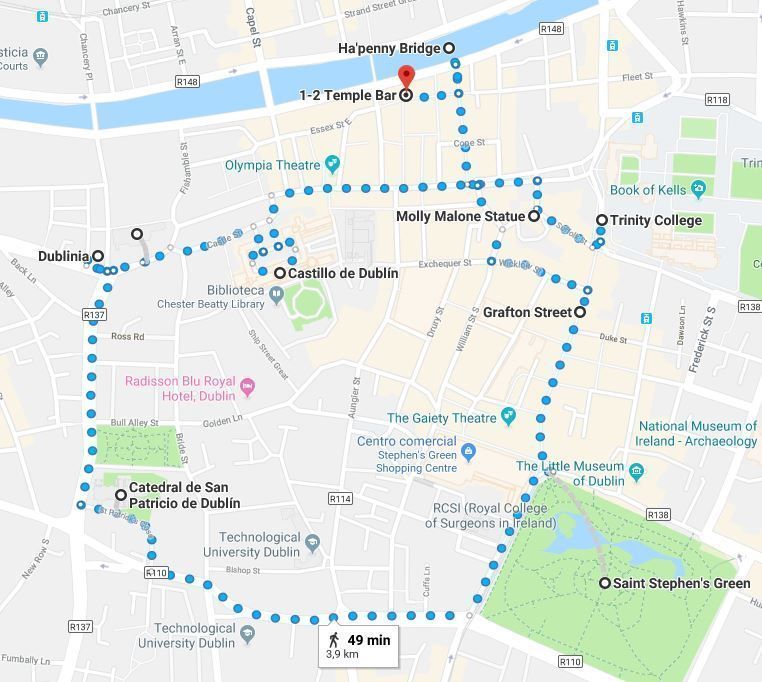 Mapa de la ruta de Dublín en un día
