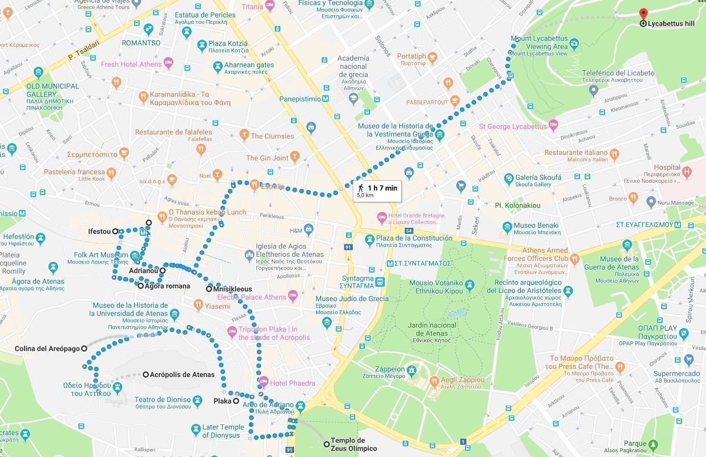 Mapa del primer día del Atenas en dos días