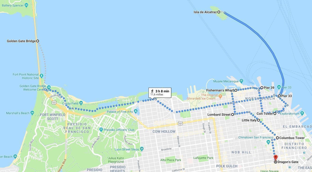 Mapa de la ruta por San Francisco en un día