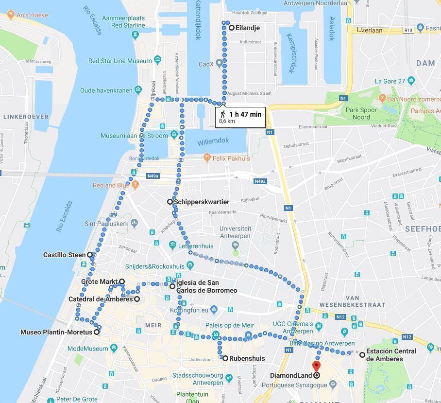 Mapa de la ruta por Amberes en un día