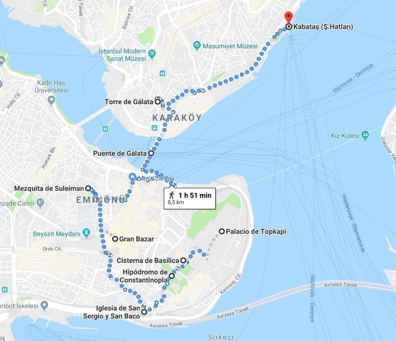 Mapa del primer día del Estambul en 2 días