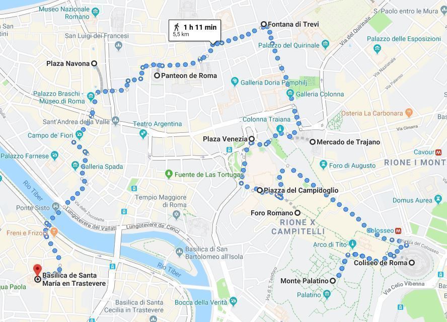 Mapa de la ruta por Roma en un día