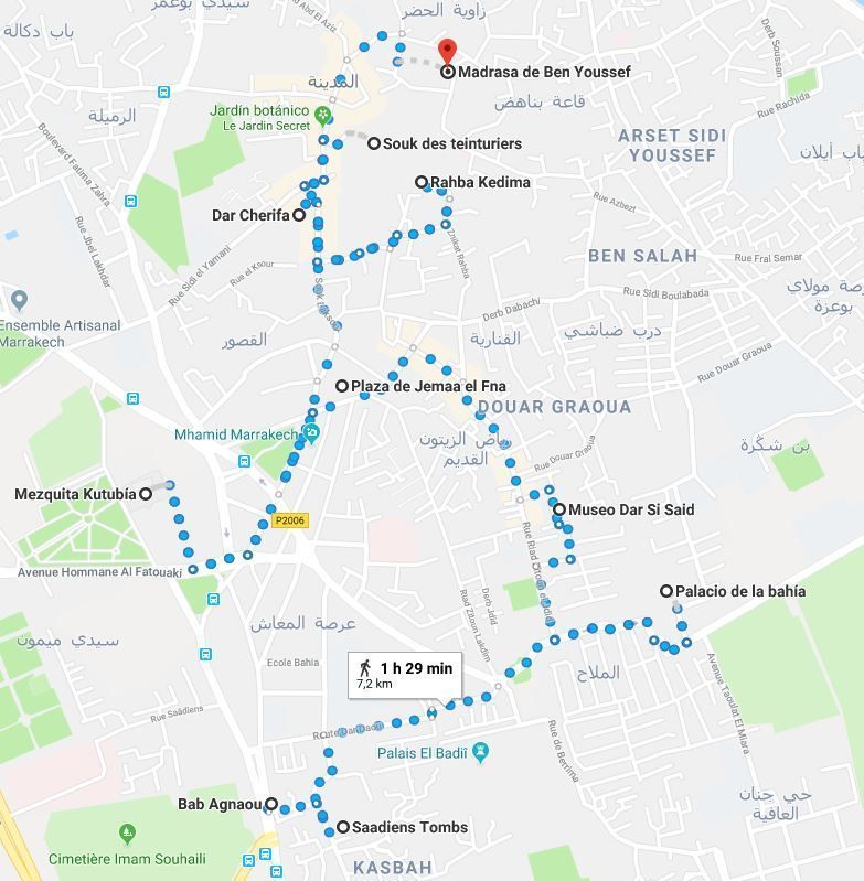 Mapa de la ruta del primer día en Marrakech