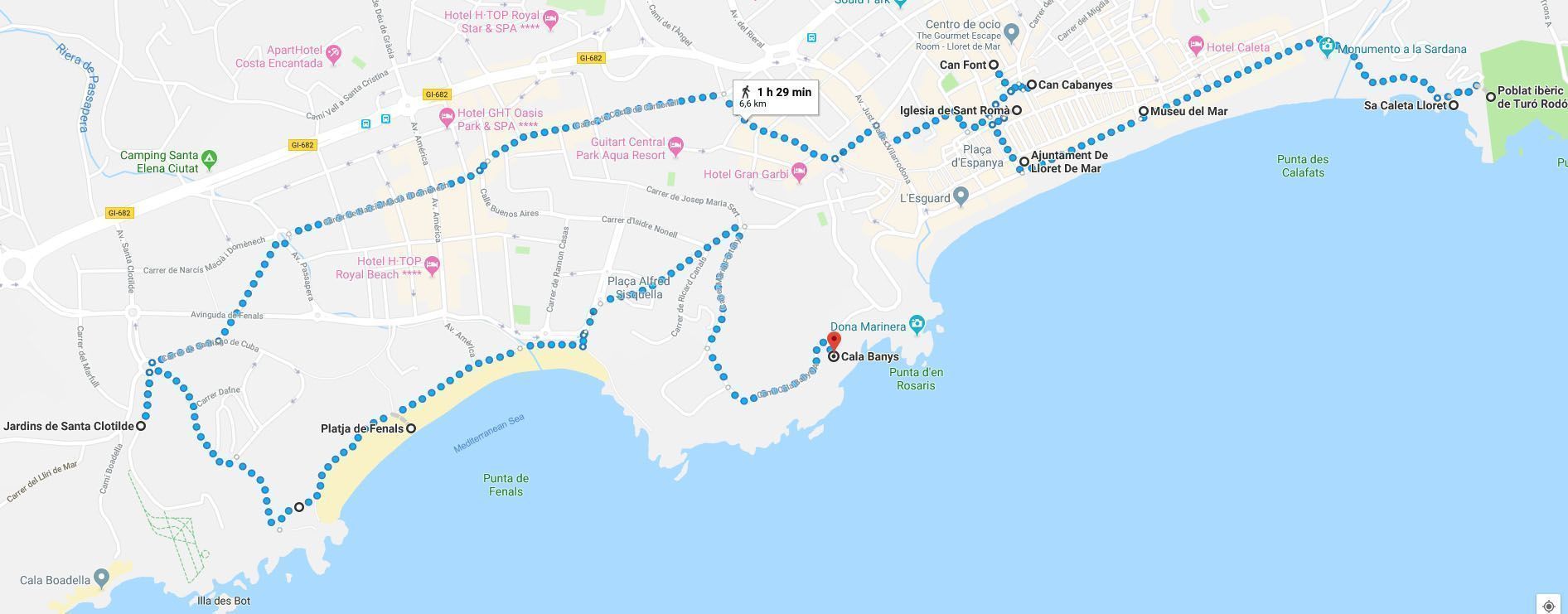 Mapa de la ruta del primer día del Lloret de Mar en dos días
