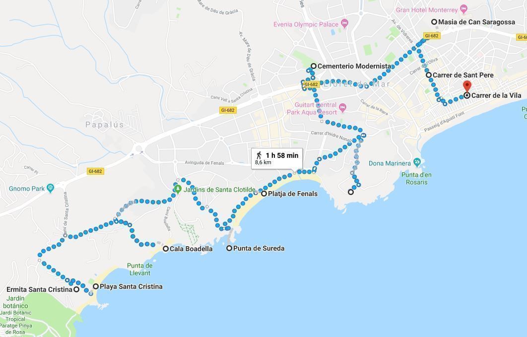 Mapa del segundo día del Lloret de Mar en 2 días