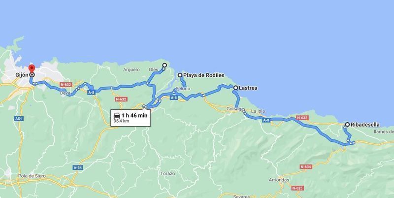 Mapa del cuarto día de la ruta por Asturias