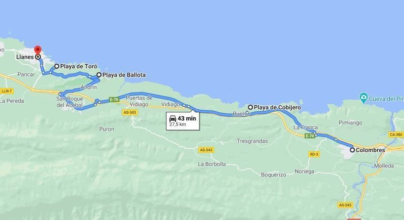Mapa del primer día de la ruta por Asturias