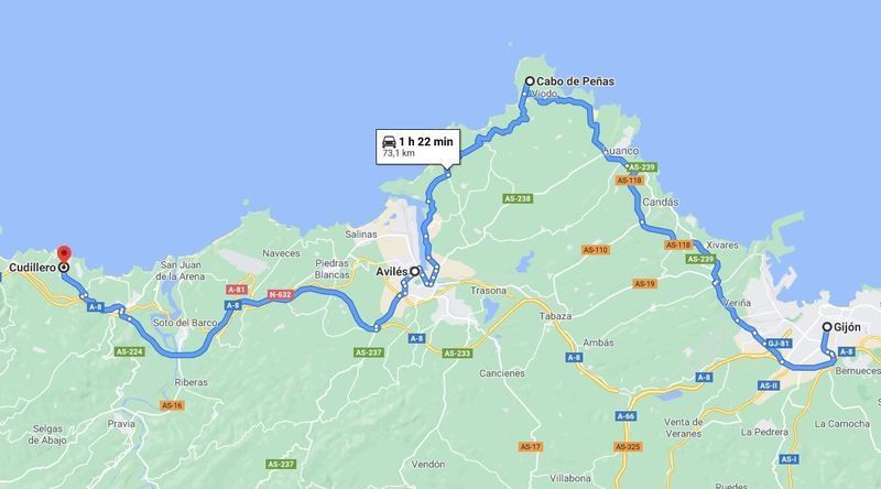 Mapa del quinto día de la ruta por Asturias en una semana
