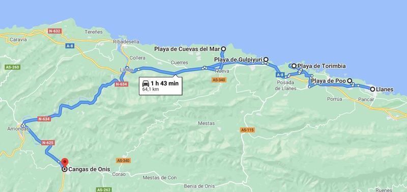 Mapa del segundo día de la ruta por Asturias en 7 días