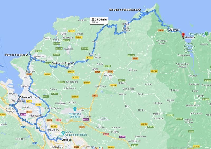 Mapa del segundo día de la ruta por el País Vasco