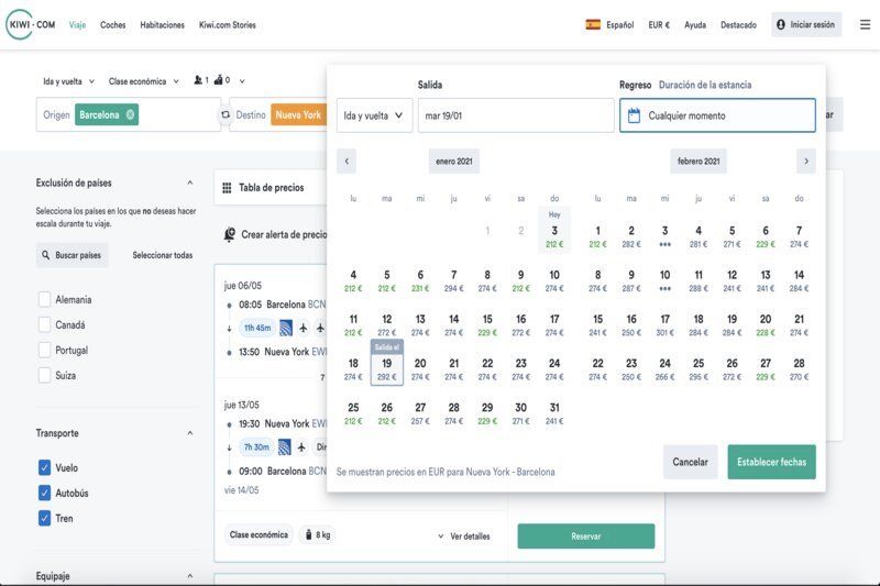 Calendario de Kiwi para conseguir vuelos baratos