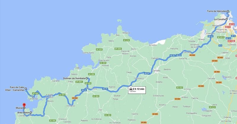 Mapa del segundo día del viaje por Galicia en una semana