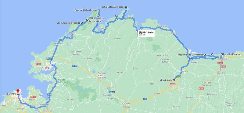 Mapa del primer día de la ruta por Galicia en coche